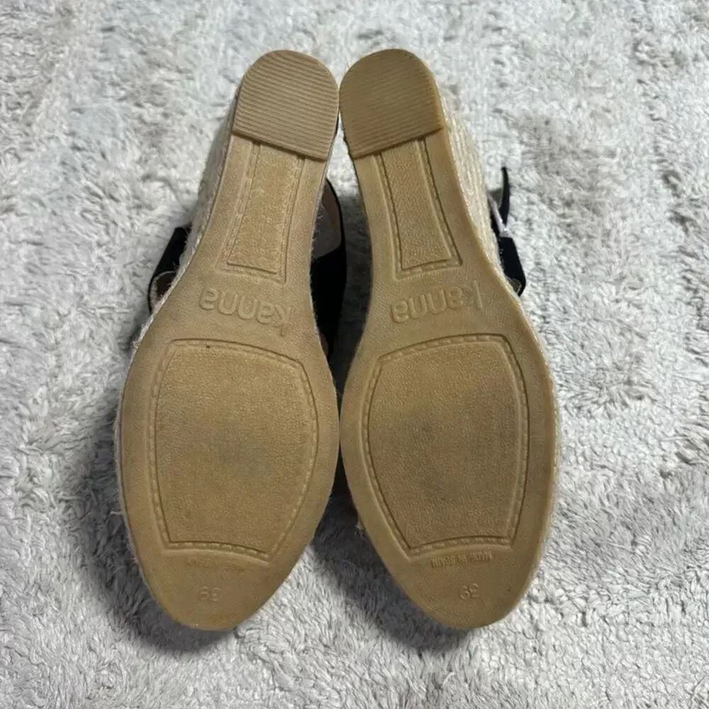 Kanna Ania Ante Black Suede Espadrille Slingback Peep Toe Wedge Sandal Size 39